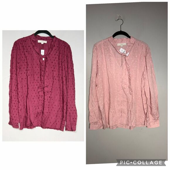 LOFT pusseybow neck line Swiss dot textured bundle of two blouses pink & maroon - Picture 1 of 14